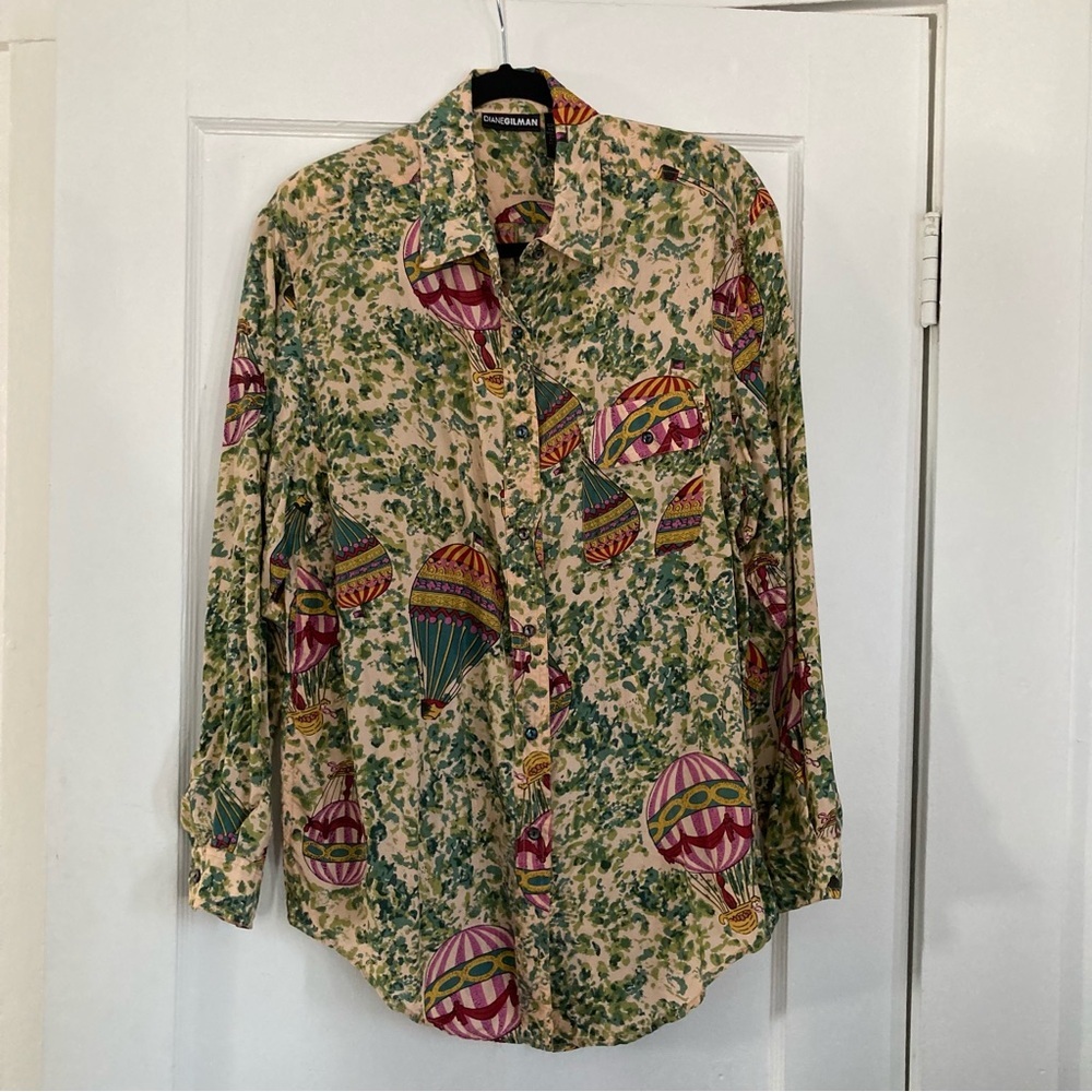 Vintage 90s silk Diane Gillman Hot Air Balloon novelty blouse button up size L - Picture 3 of 12